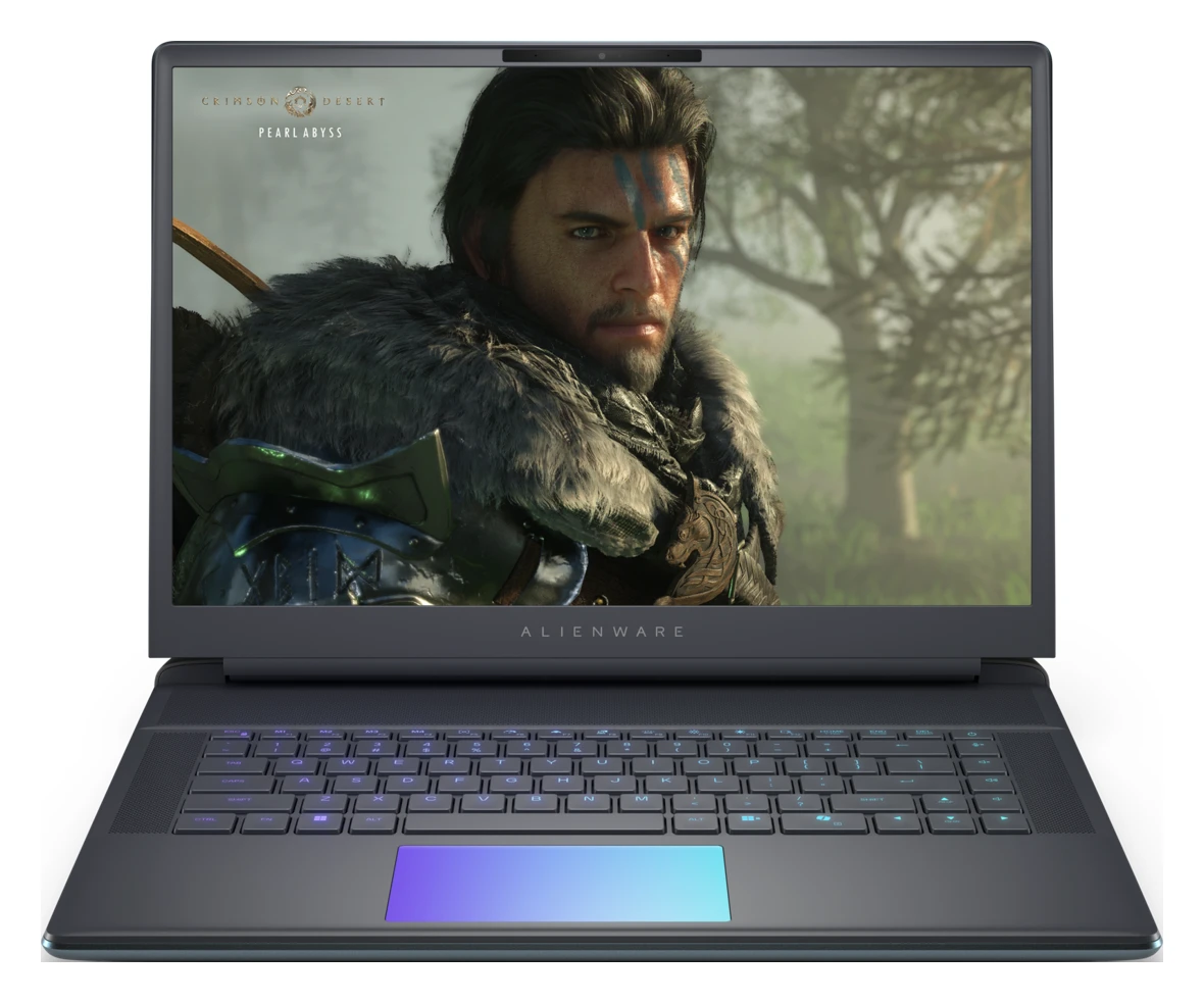 Front view of an open Alienware 16 Area-51 laptop with a glowing touchpad and a game character on screen