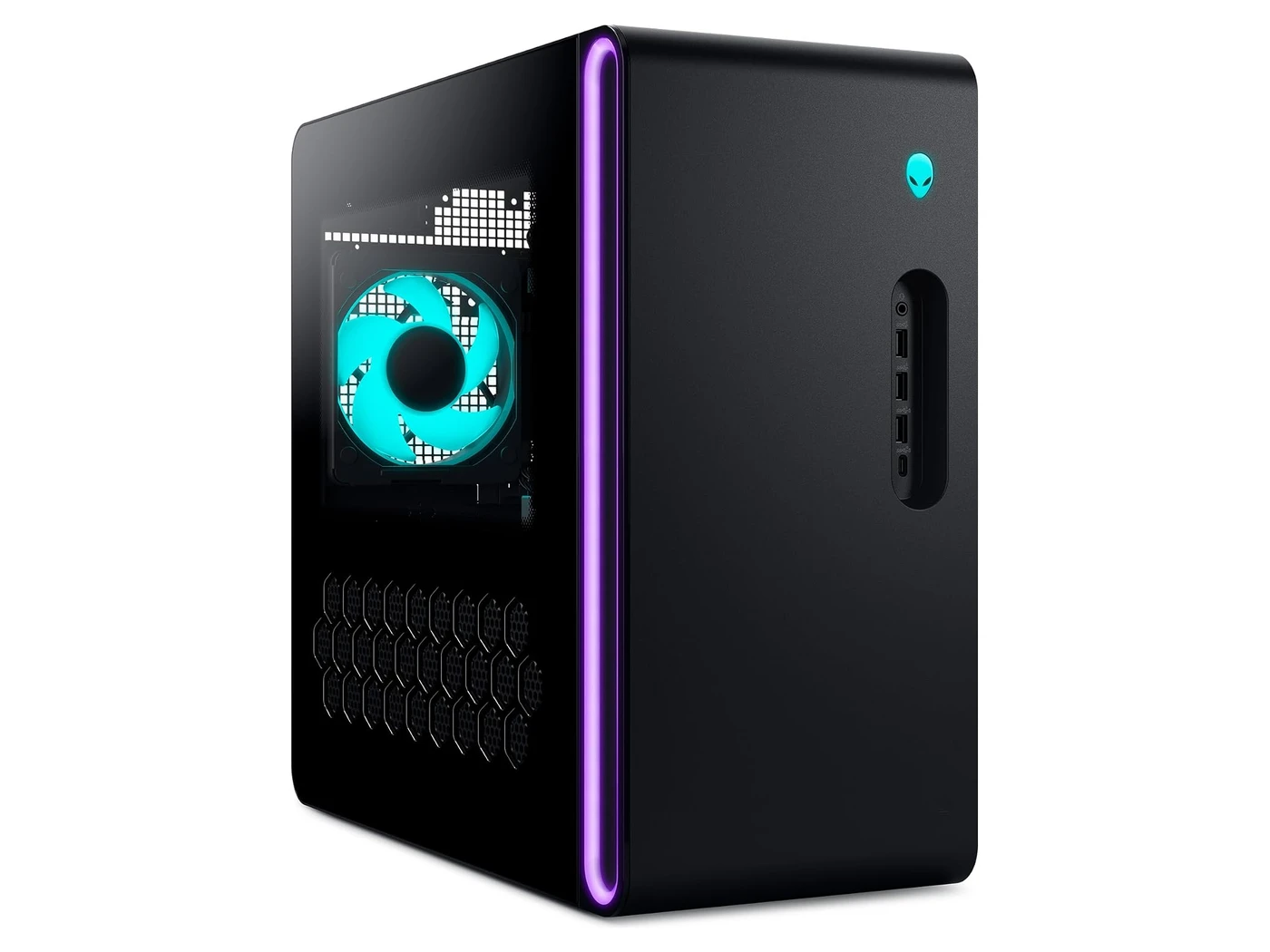 Black Alienware Aurora gaming desktop with a purple light strip on the front edge and a teal-lit fan behind a side window