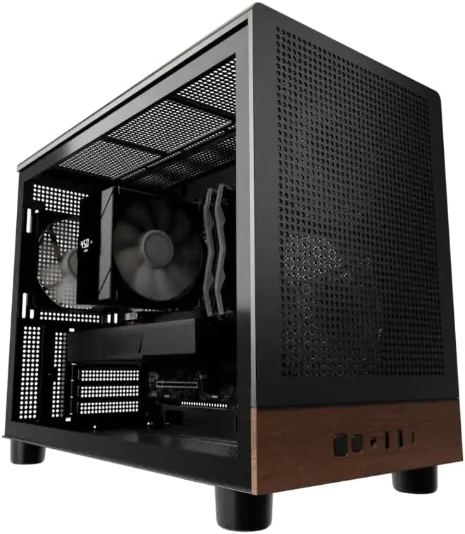 Black Andromeda Insights workstation tower with a glass side panel and a wood-trim base, showing the CPU cooler and graphics card inside