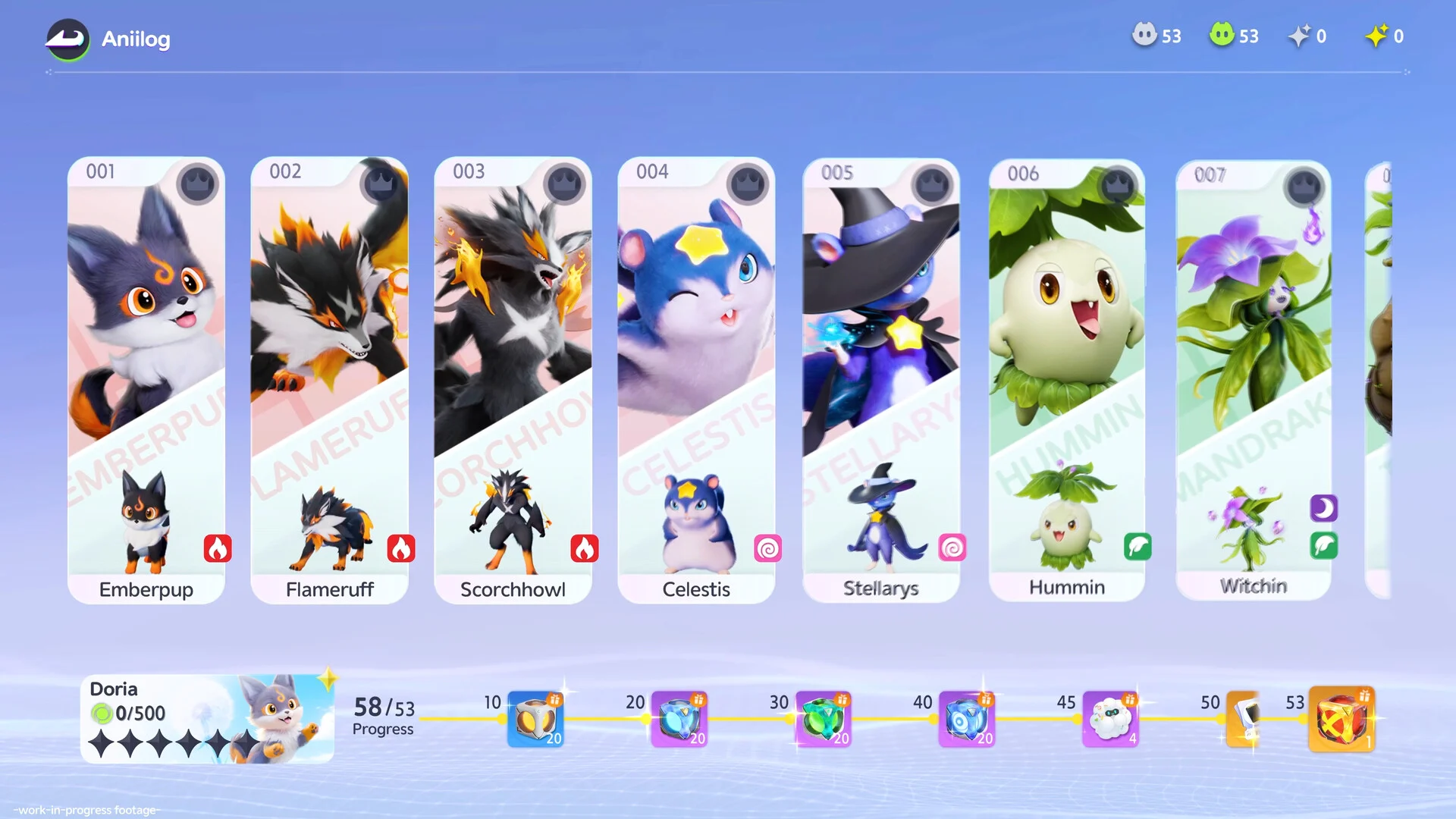 The Aniilog collection screen in Aniimo showing cards for Emberpup, Flameruff, Scorchhowl, Celestis, Stellarys, Hummin and Witchin, with collection rewards along the bottom