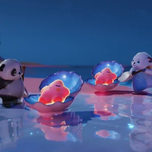 Panda-like Aniimo playing with glowing pink seashells on a shallow beach at night