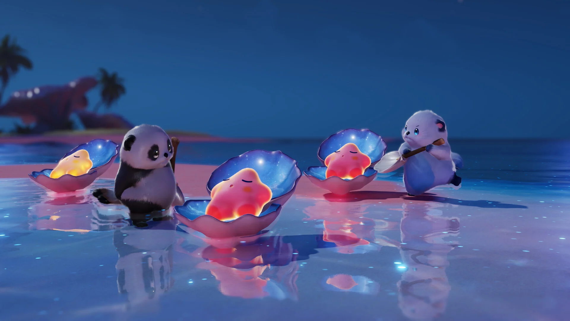 Panda-like Aniimo playing with glowing pink seashells on a shallow beach at night