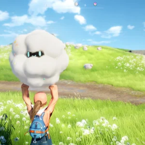 A player in Aniimo lifting a fluffy white cloud-shaped creature above their head in a sunny flower meadow