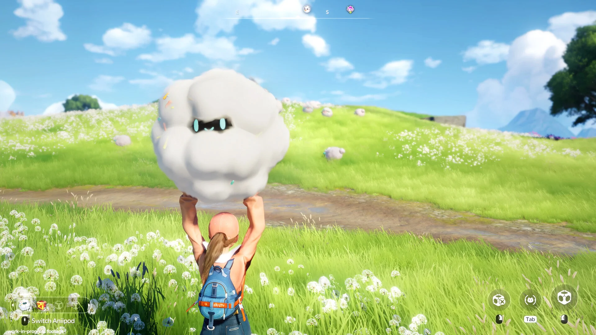 A player in Aniimo lifting a fluffy white cloud-shaped creature above their head in a sunny flower meadow