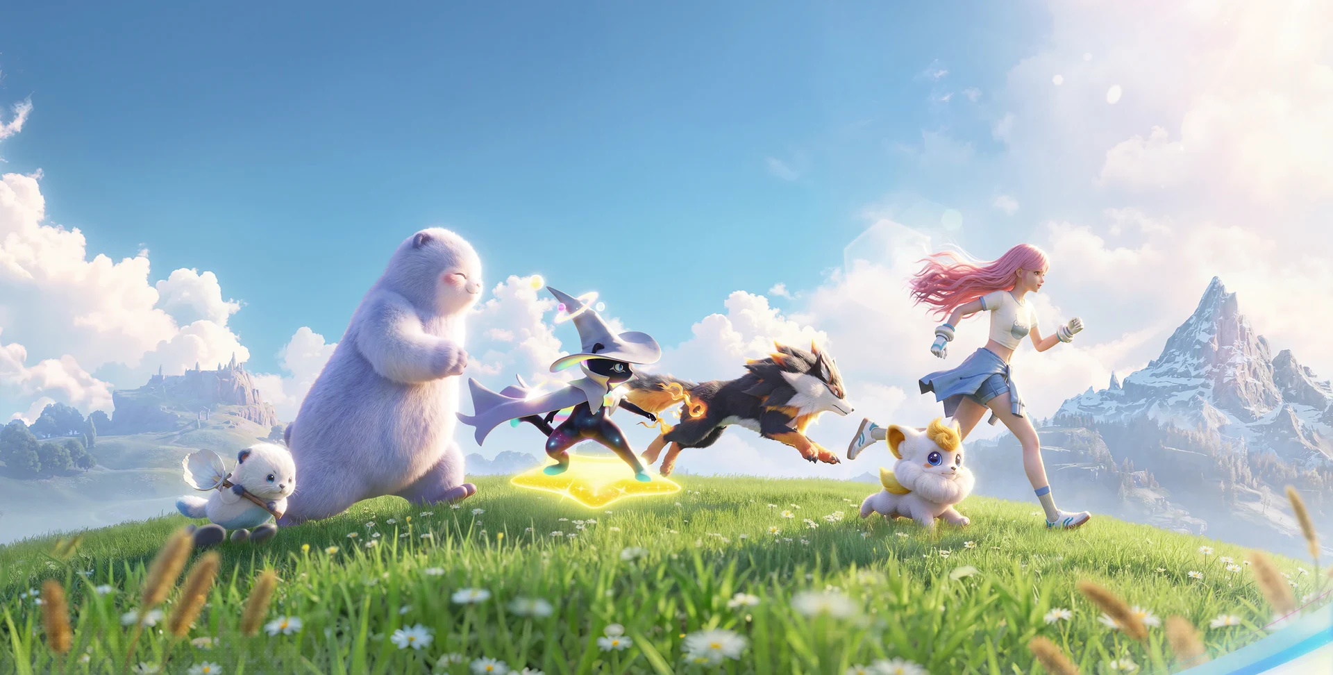 Aniimo key art showing a girl with pink hair running across a grassy hilltop alongside a group of Aniimo creatures, including a large white bear, a fire wolf and a small witch-hat creature
