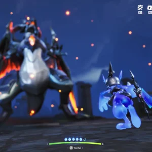 A large dark dragon Aniimo with fiery orange wings facing a blue armored Aniimo in a battle at night