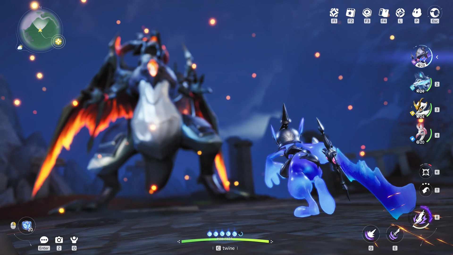 A large dark dragon Aniimo with fiery orange wings facing a blue armored Aniimo in a battle at night