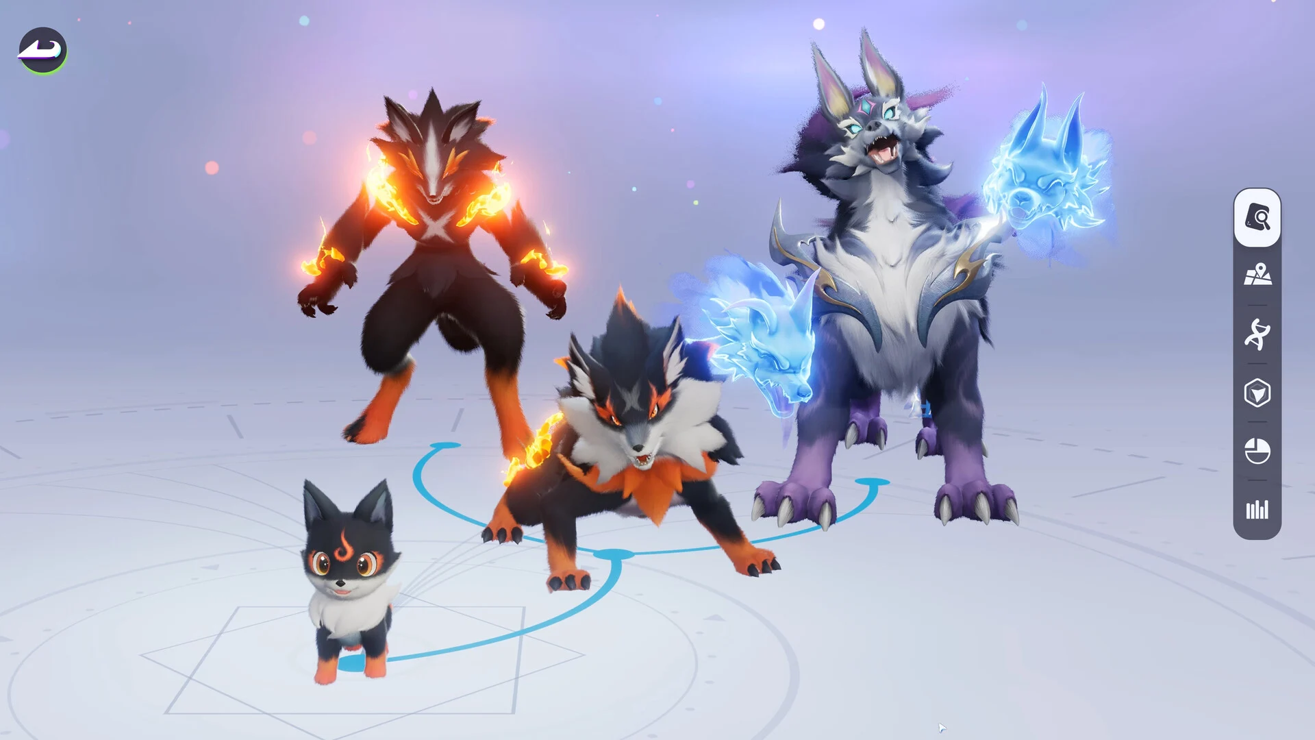 Four fire and ice wolf-type Aniimo standing on a bright showcase screen, from a small black-and-orange pup to a large wolf with glowing blue fists