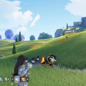 A player walking through rolling green hills in Aniimo with several creatures following, and the creature party bar along the bottom of the screen