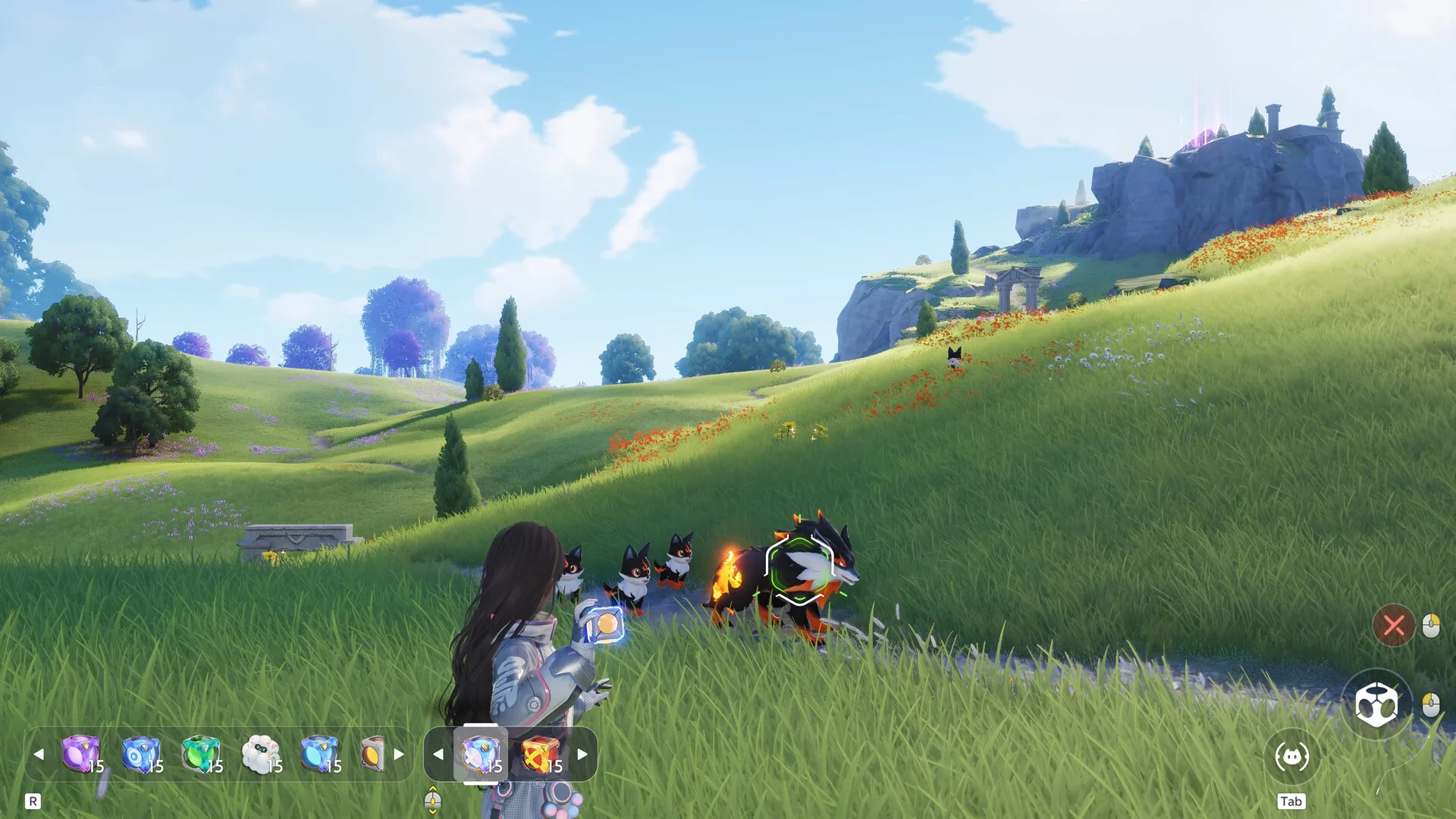 A player walking through rolling green hills in Aniimo with several creatures following, and the creature party bar along the bottom of the screen