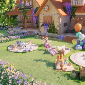 A decorated Homeland area in Aniimo with a cottage, picnic blankets, balloons, flower beds and creatures relaxing on the lawn