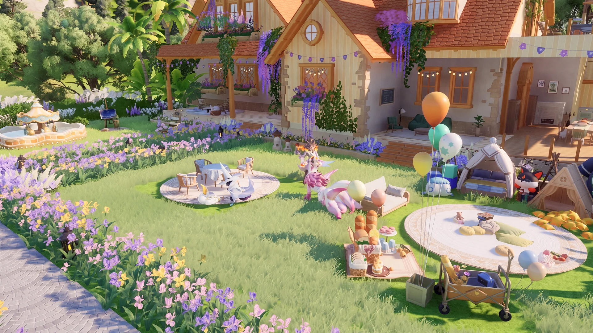 A decorated Homeland area in Aniimo with a cottage, picnic blankets, balloons, flower beds and creatures relaxing on the lawn