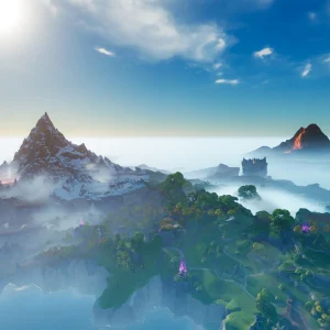 Wide view over the continent of Idyll in Aniimo, with a snowy peak and a smoking volcano rising above a sea of clouds