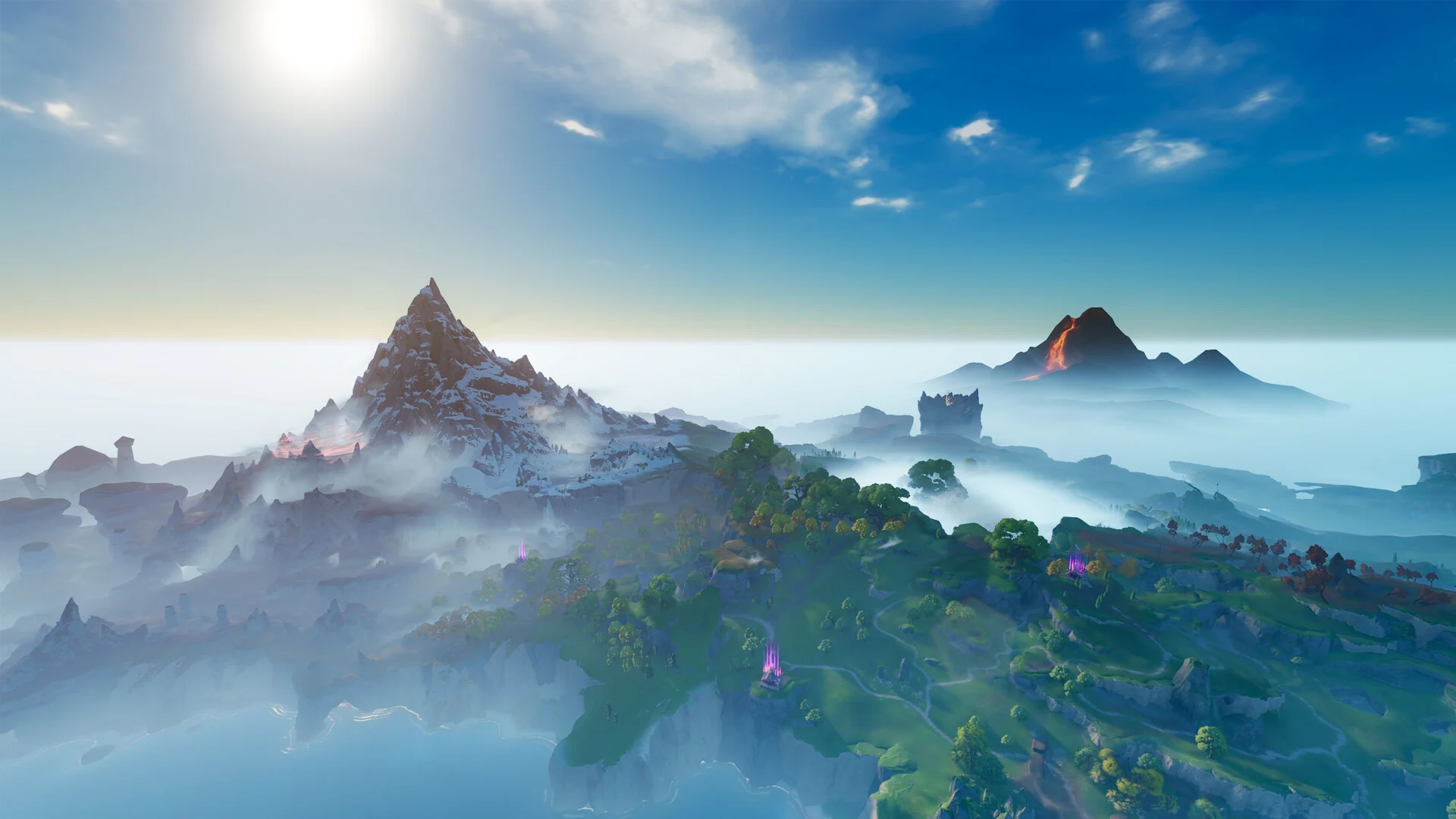 Wide view over the continent of Idyll in Aniimo, with a snowy peak and a smoking volcano rising above a sea of clouds