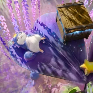 A small white Aniimo asleep on a large purple leaf next to a wooden crate and gold star decorations