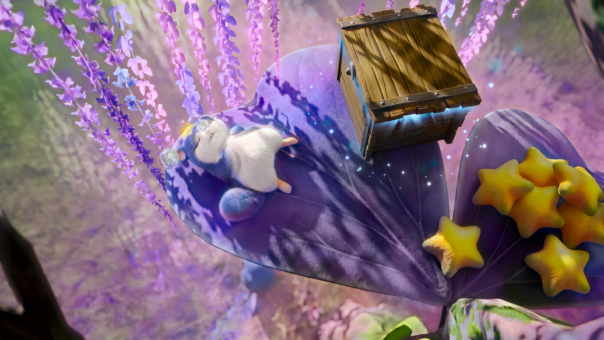 A small white Aniimo asleep on a large purple leaf next to a wooden crate and gold star decorations