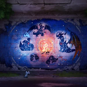 A large glowing mural of Aniimo silhouettes carved into an old stone wall, with a small figure standing in front of it
