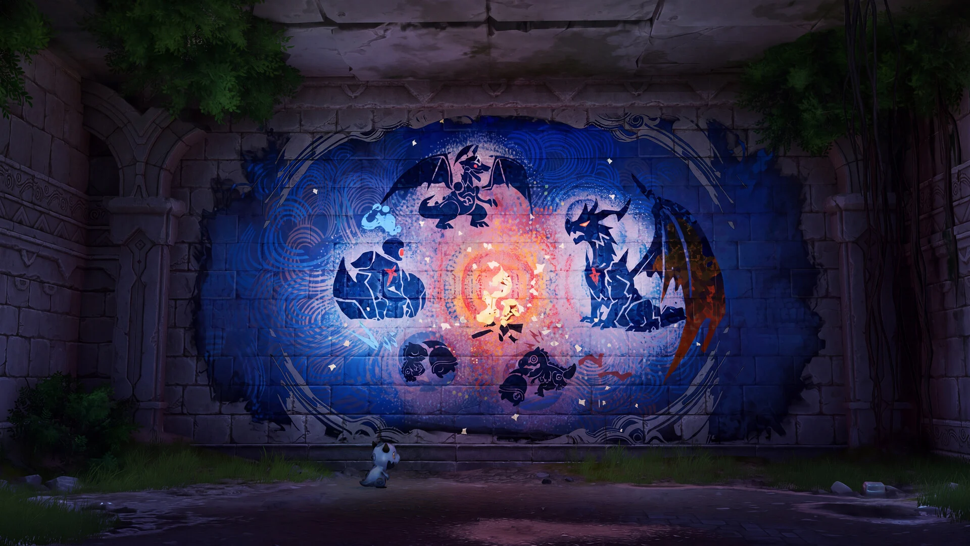 A large glowing mural of Aniimo silhouettes carved into an old stone wall, with a small figure standing in front of it