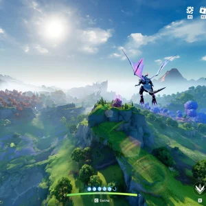 A player Twined into a winged Aniimo, gliding high above green mountains and forests