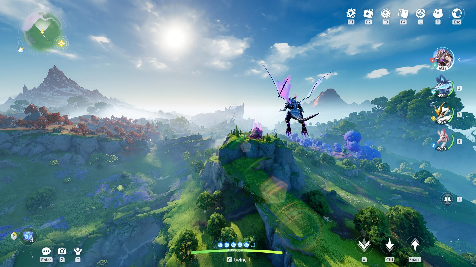 A player Twined into a winged Aniimo, gliding high above green mountains and forests