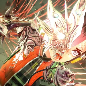 A spiky clawed Anomaly lunges at Reona in a close-up action shot with red streaks around her