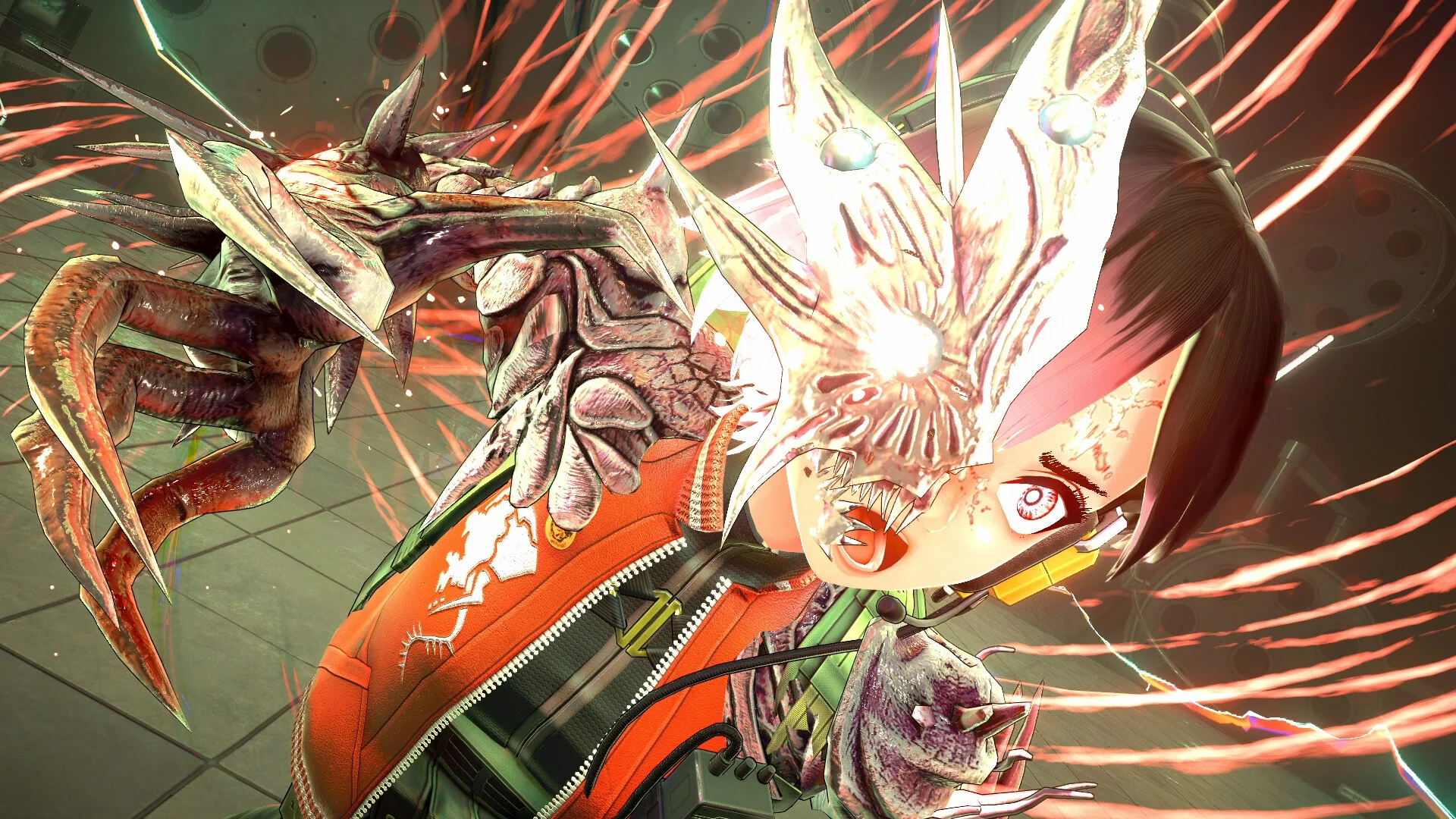 A spiky clawed Anomaly lunges at Reona in a close-up action shot with red streaks around her
