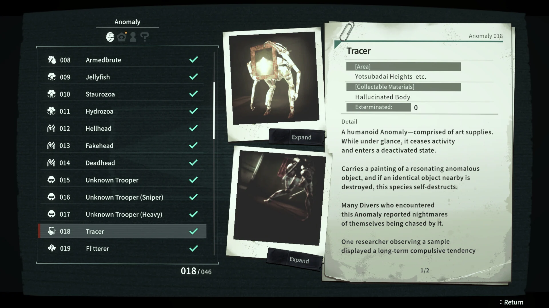 A Dive Report file on the Anomaly called Tracer, with photos and notes on where it appears and how it behaves