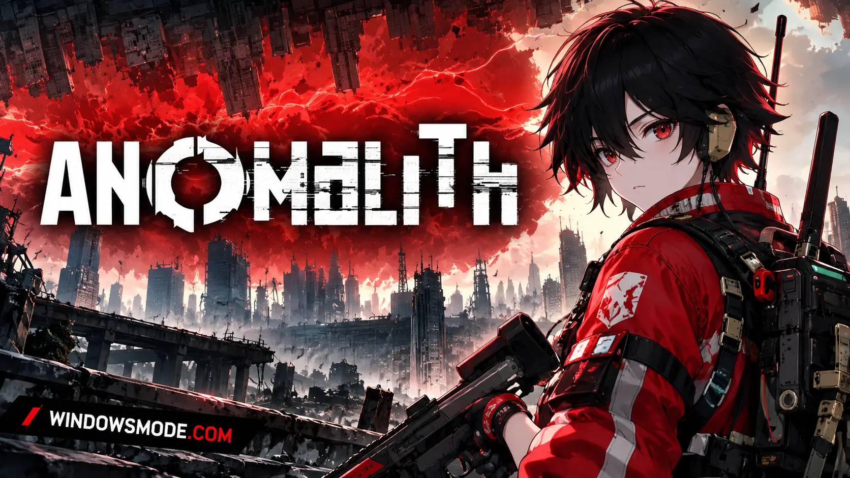Reona Minazuki in a red jacket and headset holds a rifle beside the ANOMALITH logo, with a ruined city under a red sky behind her