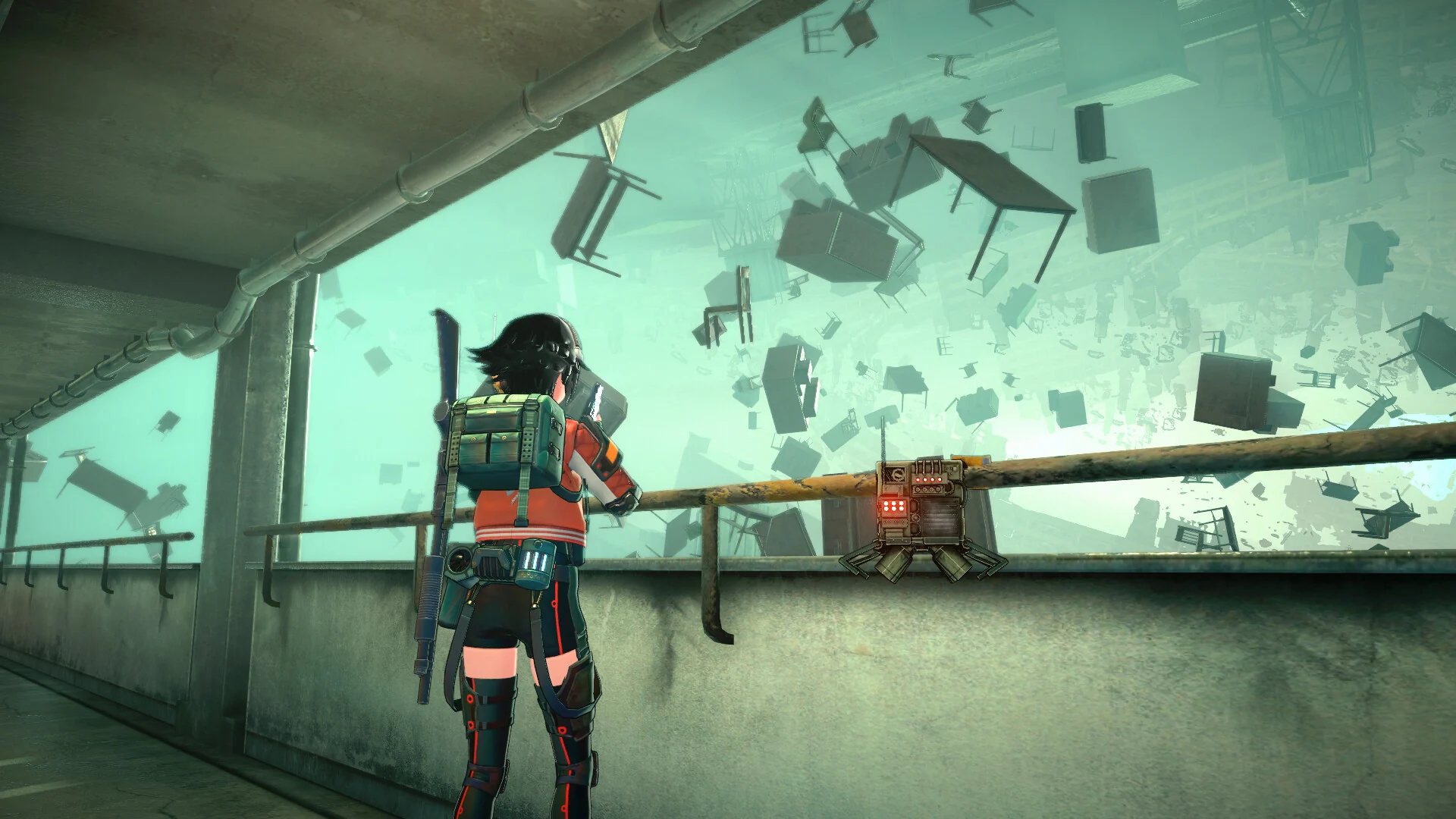Reona stands on a walkway with a small robot drone while chairs and building debris float in the air outside an apartment block