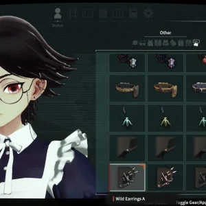 Reona wears glasses and a maid outfit on the Select Gear screen next to a grid of earrings and accessories
