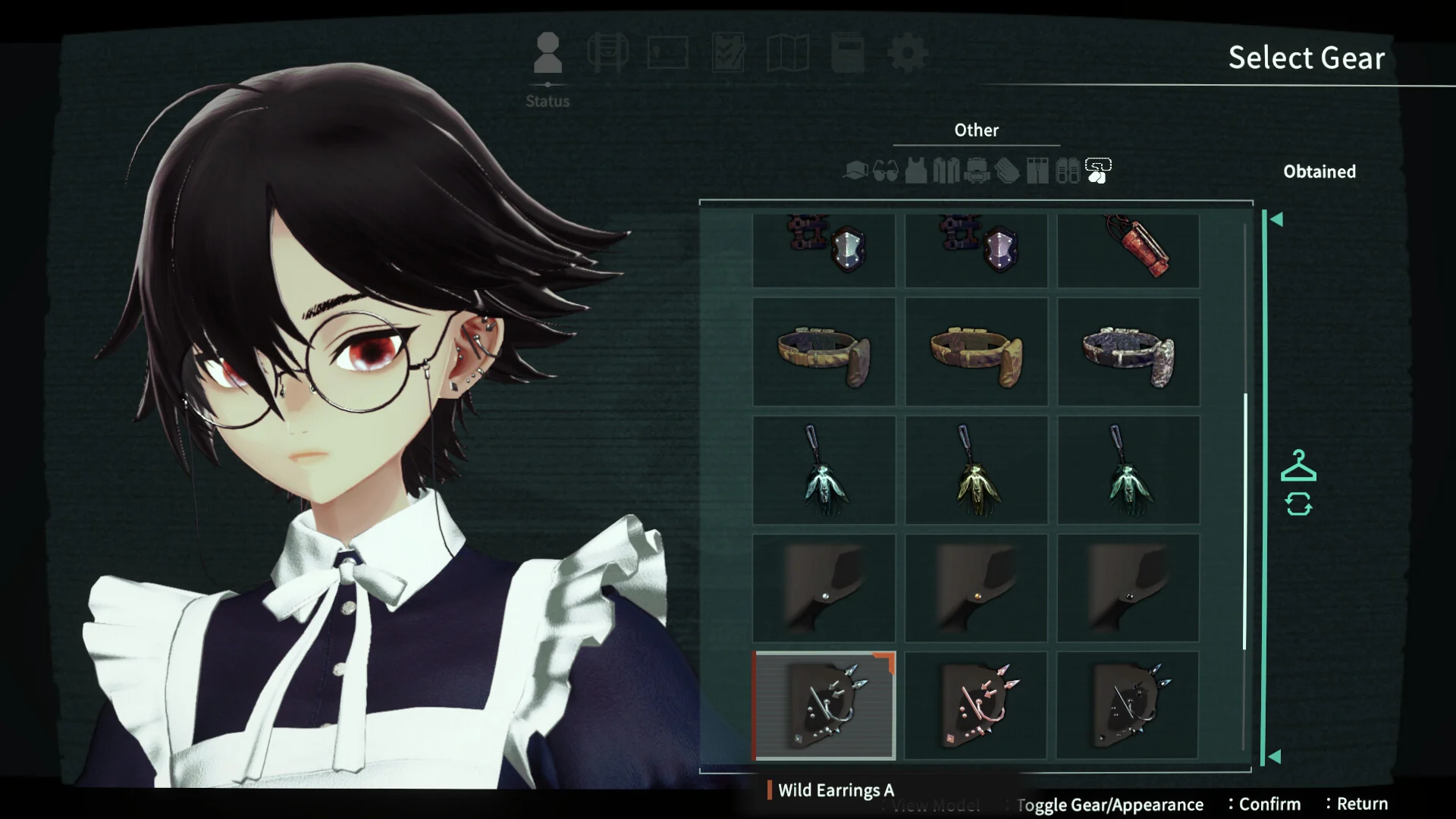 Reona wears glasses and a maid outfit on the Select Gear screen next to a grid of earrings and accessories