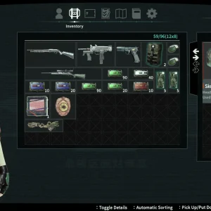 The inventory grid holds guns, ammo and a Skull of Monopoly material, with Reona standing to the left