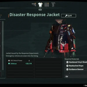 The gear development screen shows the Disaster Response Jacket with its defense bonus and required materials