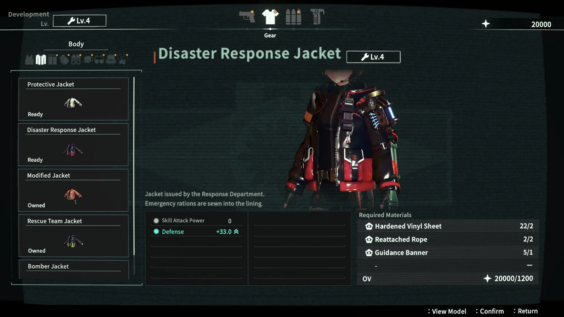 The gear development screen shows the Disaster Response Jacket with its defense bonus and required materials