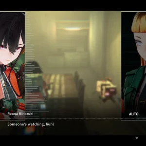A dialogue scene shows Reona and the operator Yuiga Koda in portrait panels over a dim hallway