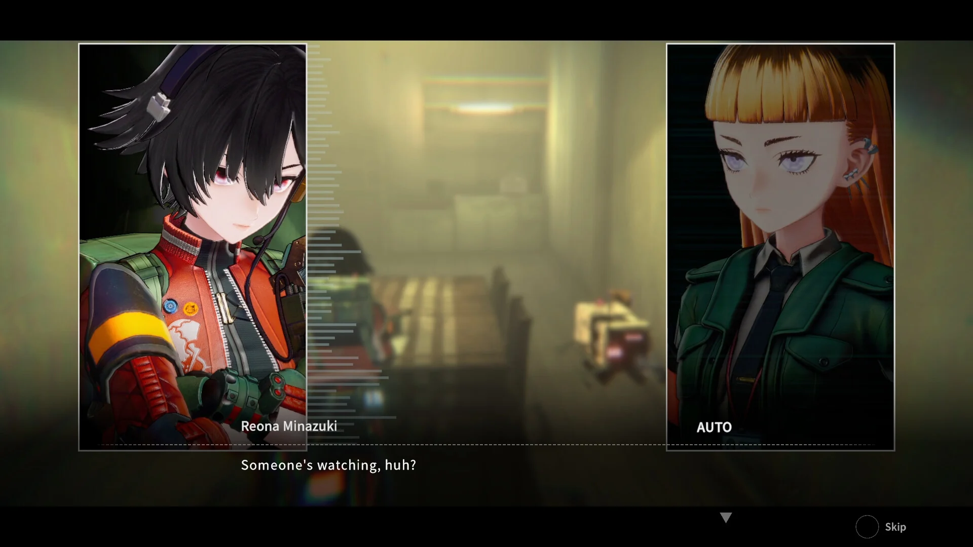 A dialogue scene shows Reona and the operator Yuiga Koda in portrait panels over a dim hallway