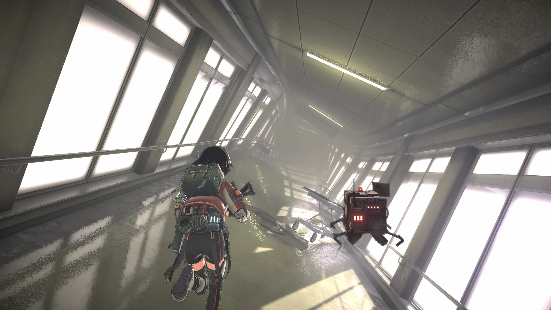 Reona runs down a long hallway tilted on its side while her drone walks ahead past bright windows