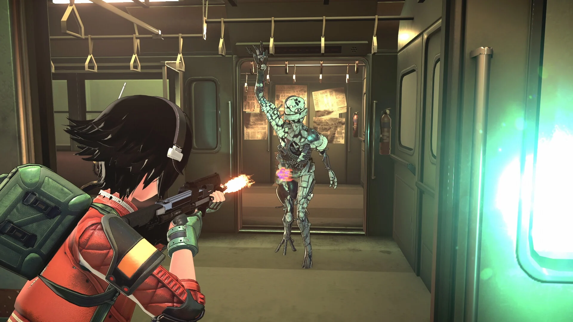 Reona fires a rifle at a pale humanoid Anomaly standing in the aisle of an abandoned train car
