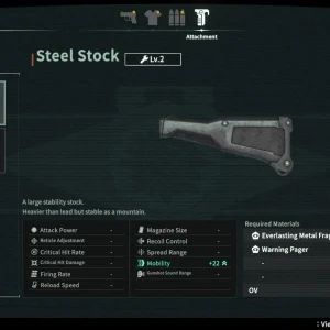 The development screen shows a Steel Stock rifle attachment with its stats and required materials