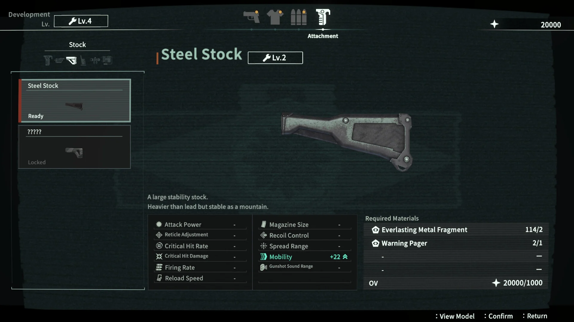 The development screen shows a Steel Stock rifle attachment with its stats and required materials