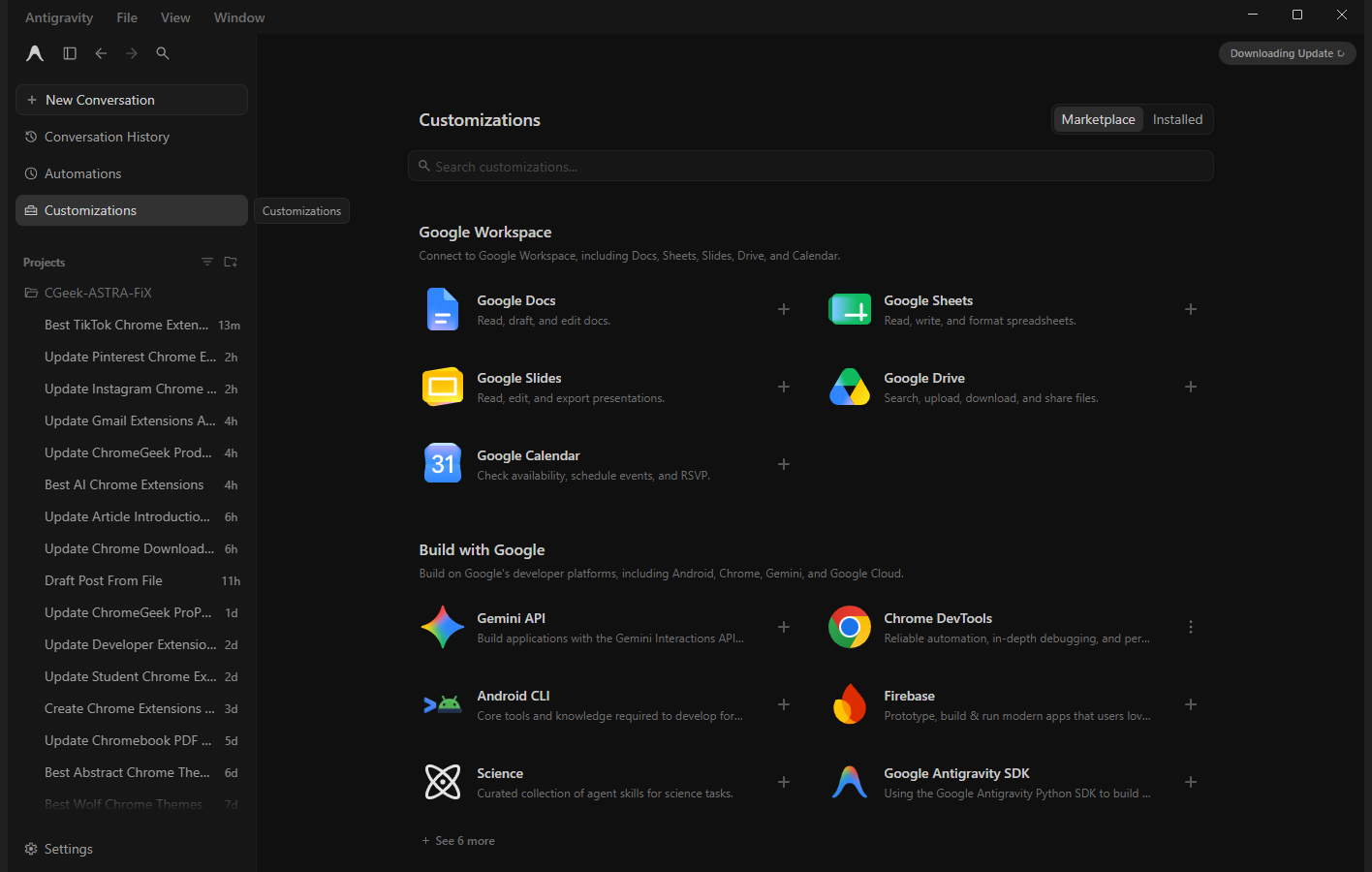 Antigravity Customizations marketplace listing Google Docs, Sheets, Slides, Drive, Calendar, Gemini API, Chrome DevTools, Android CLI and Firebase add-ons