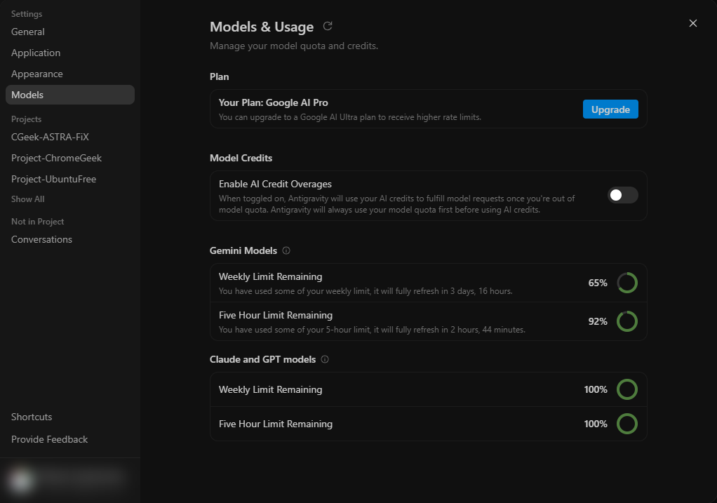 Antigravity Models and Usage settings showing the Google AI Pro plan, the AI credit overage switch and weekly and five hour limits for Gemini, Claude and GPT models
