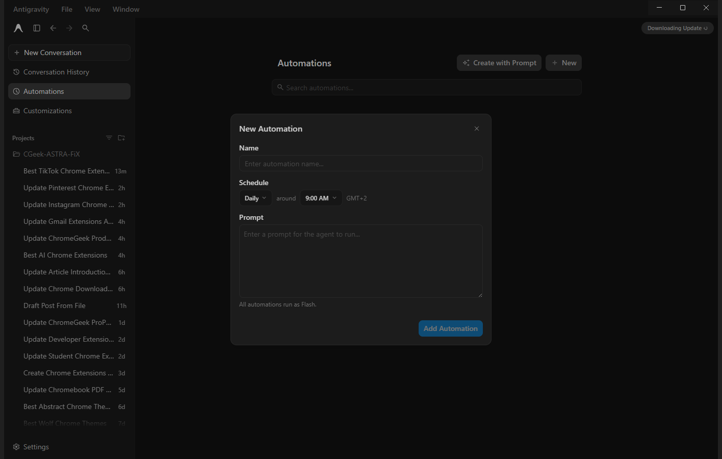 Antigravity New Automation dialog with a name field, a daily schedule picker and a prompt box