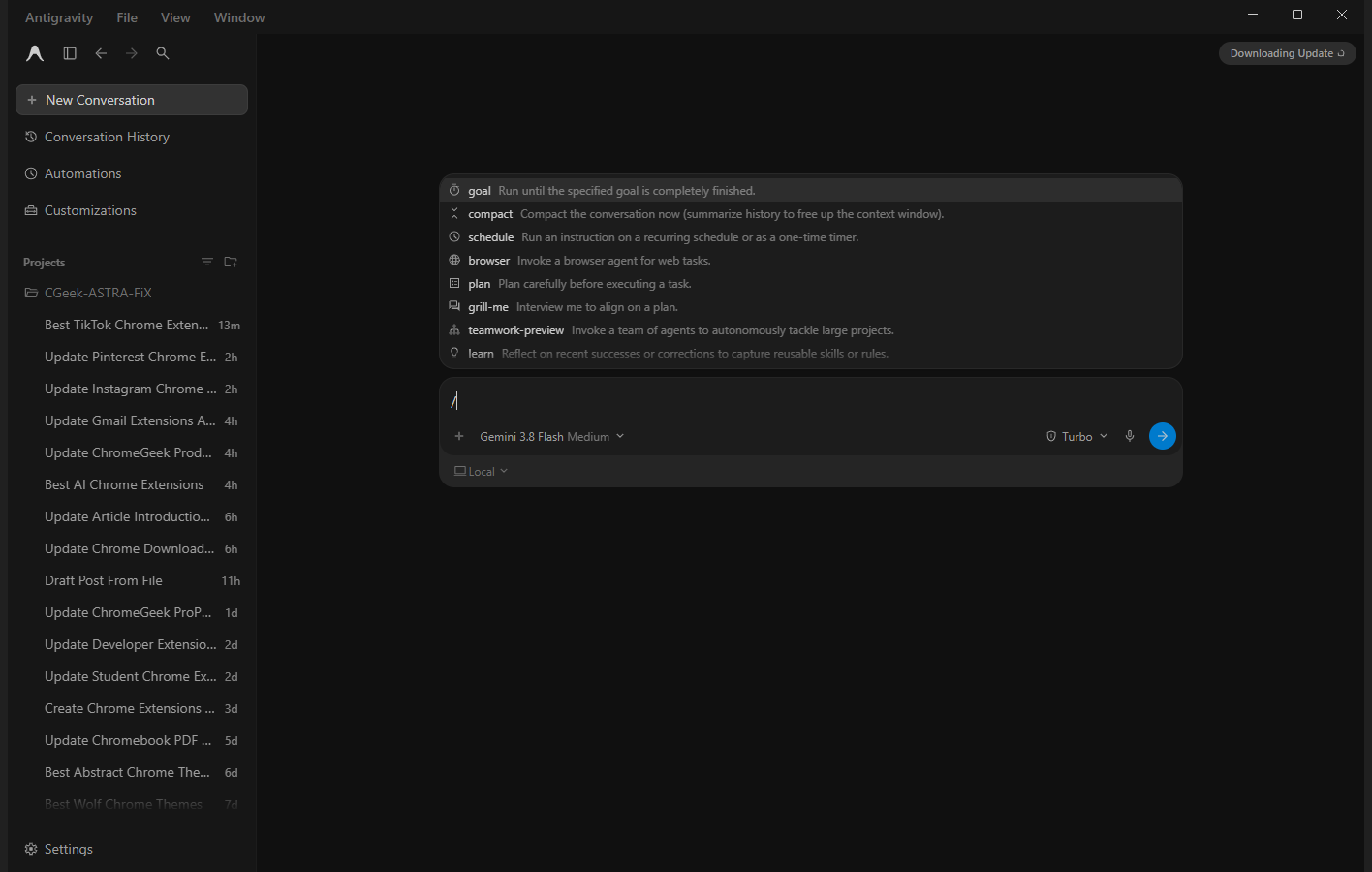 Antigravity slash command menu showing goal, compact, schedule, browser, plan, grill-me, teamwork-preview and learn