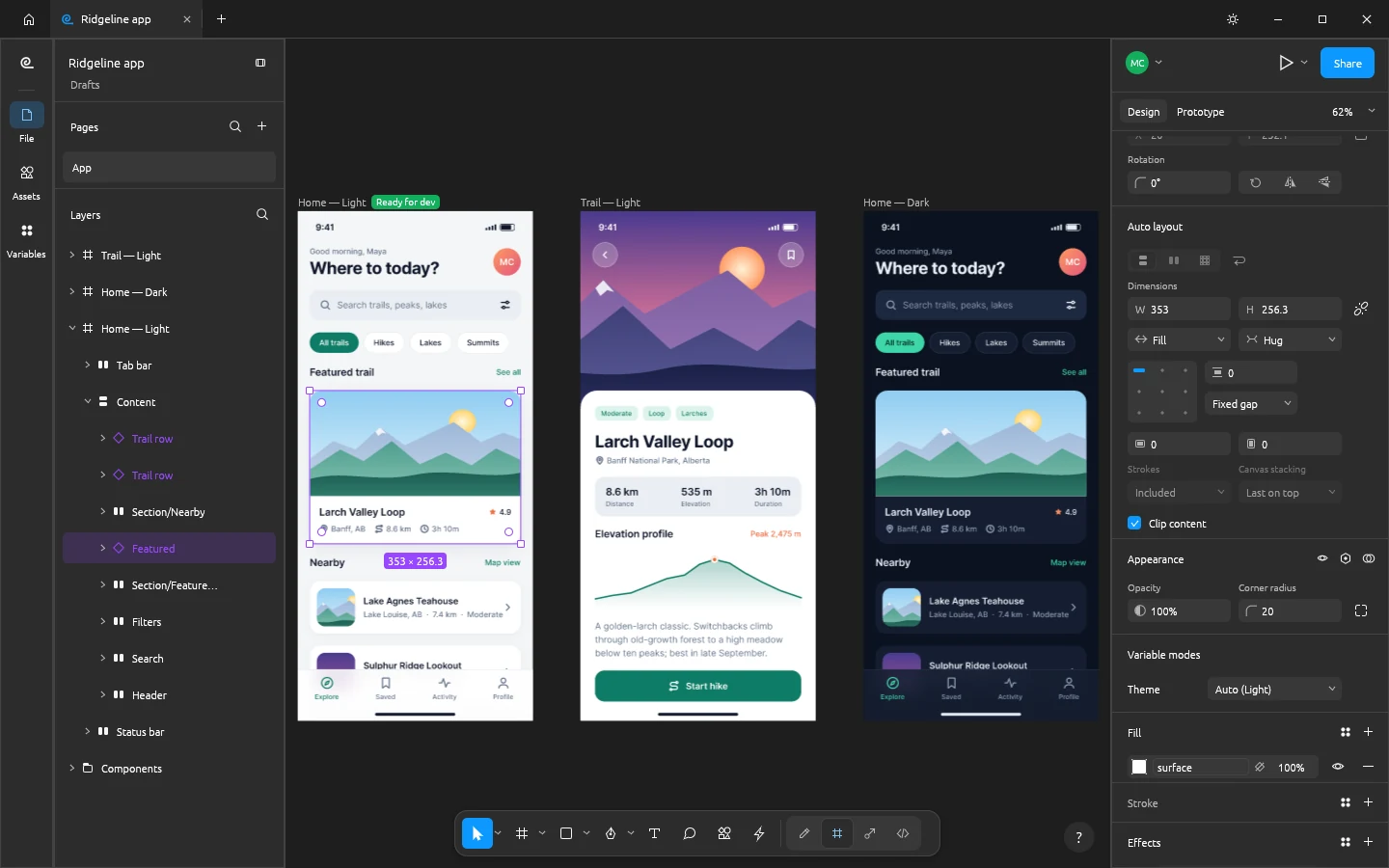 FigCraft interface design app showing three phone screen frames on the canvas with layers on the left and auto layout settings on the right
