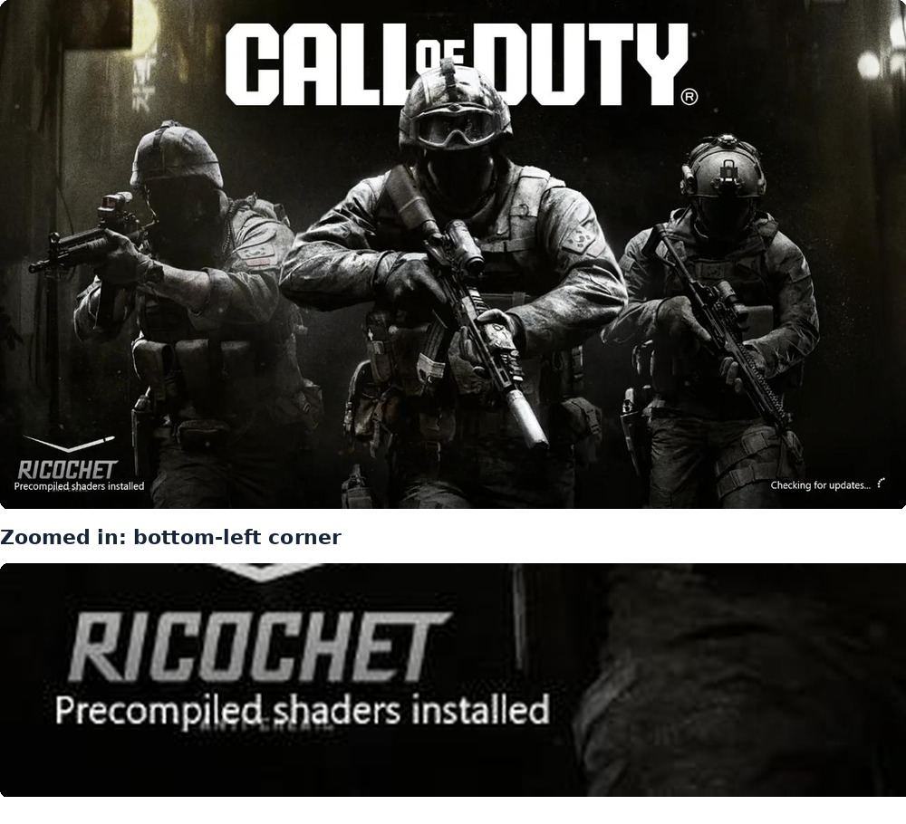 Call of Duty Modern Warfare 4 launch screen with the Precompiled shaders installed message in the bottom left corner, shown zoomed in