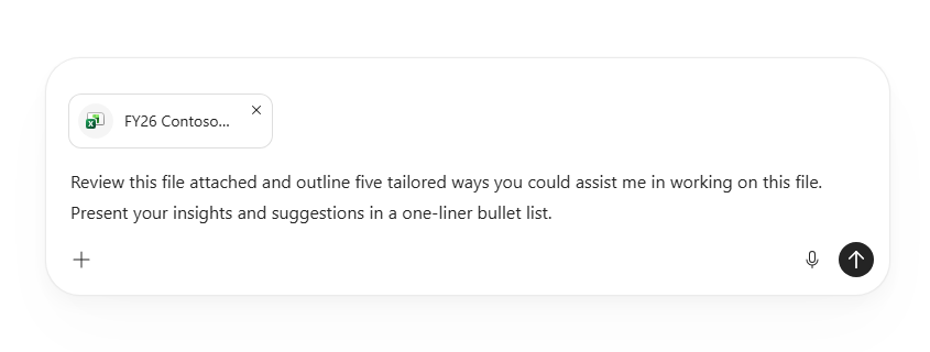 Copilot conversation box with a OneDrive Excel file attached and a suggested prompt, opened from Ask Copilot