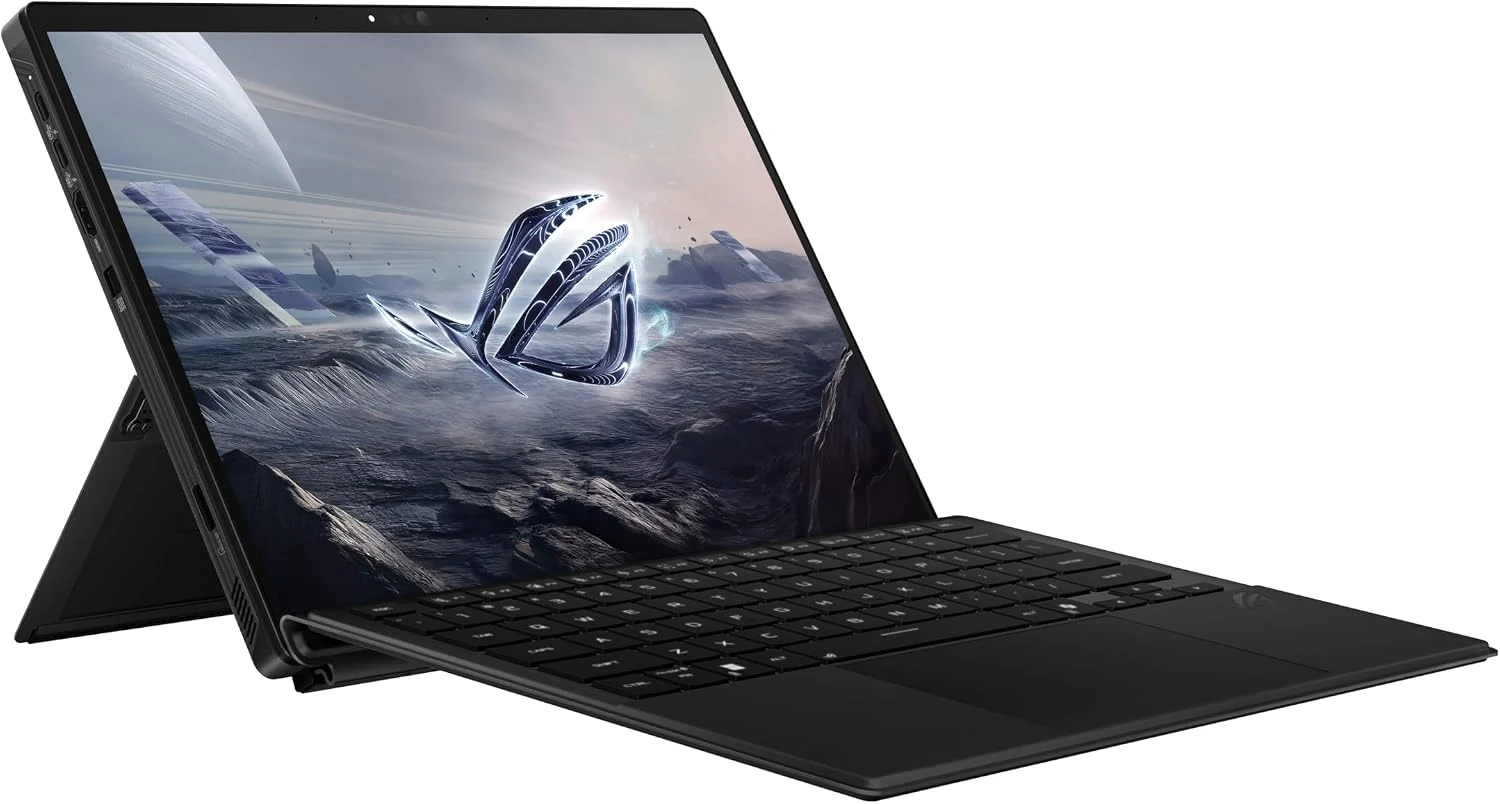 ASUS ROG Flow Z13 tablet standing on its kickstand with its detachable keyboard attached