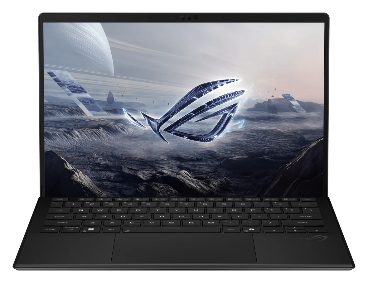 ASUS ROG Flow Z13 gaming tablet attached to its keyboard with a grey ROG logo wallpaper on screen