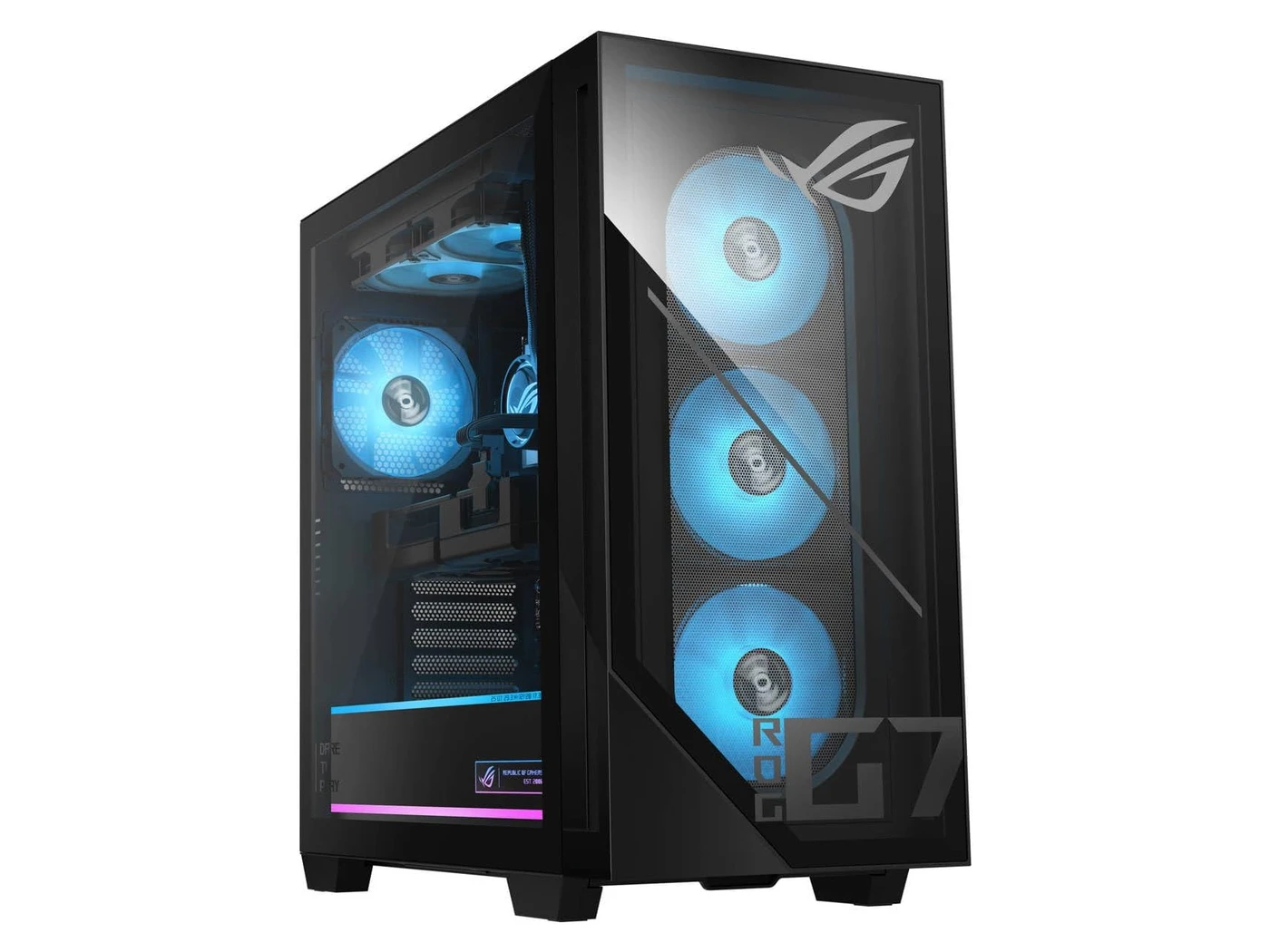 ASUS ROG G700 gaming desktop with a glass side panel showing three blue-lit front fans and a liquid CPU cooler